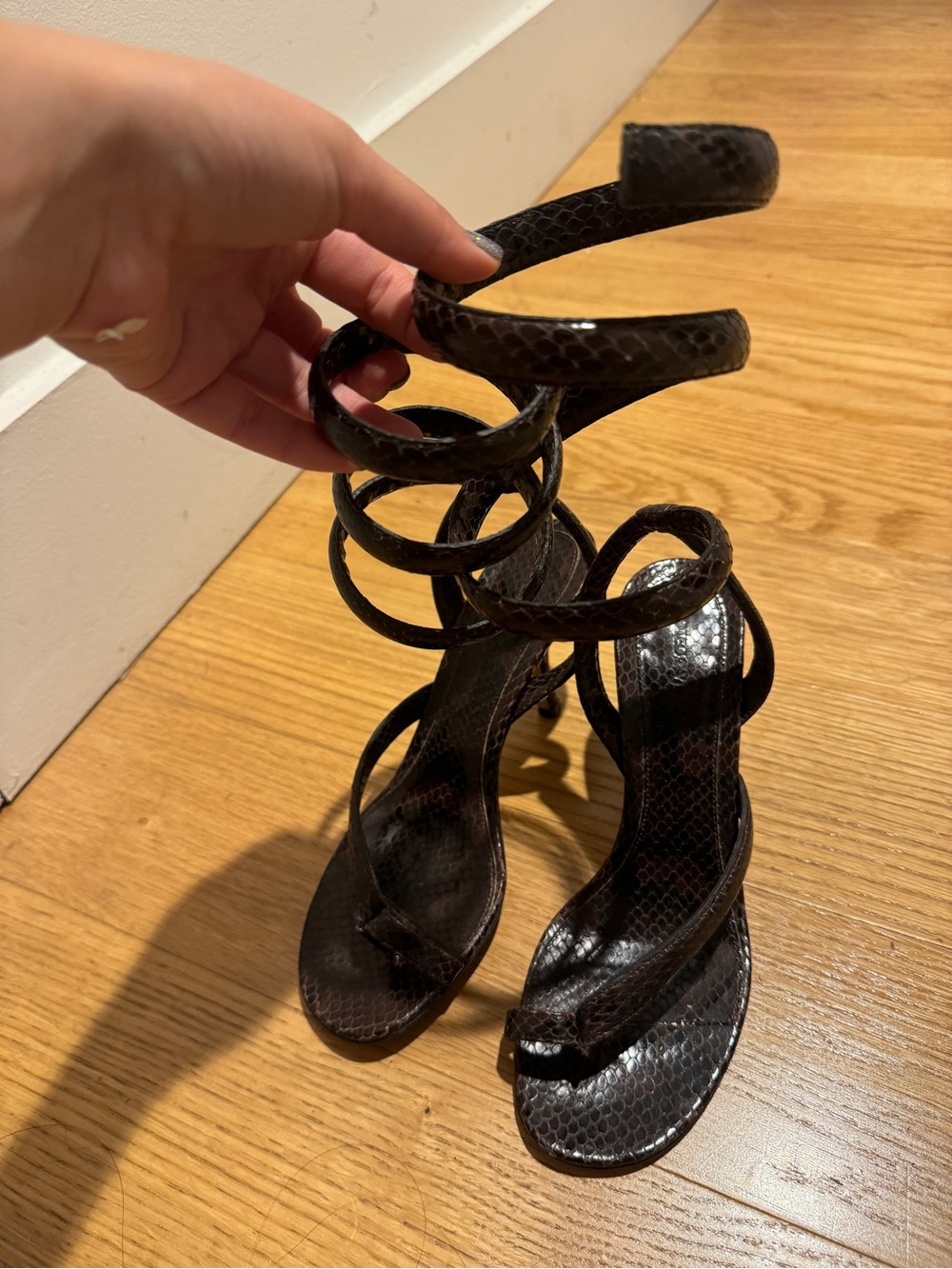 Bottega Veneta Dark Brown Snake-Embossed Multi-Strap Heels